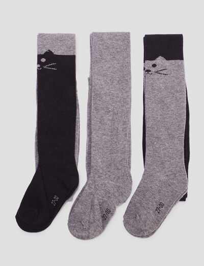 Lot 3 collants coton détail chat gris fille