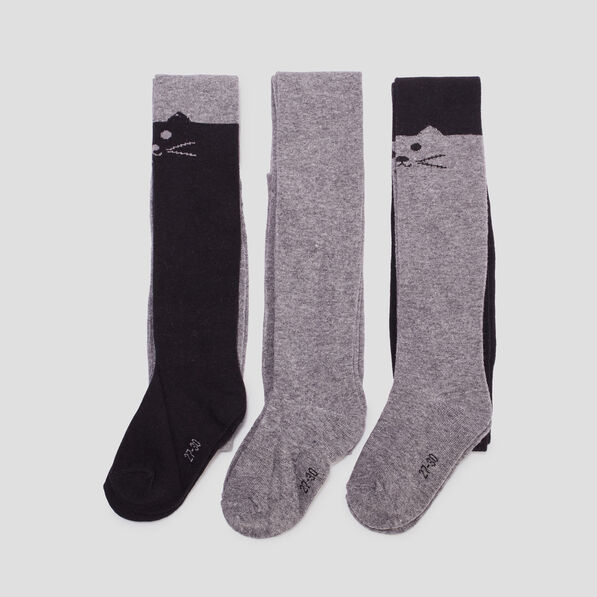 lot 3 collants coton detail chat gris fille Lot 3 collants coton détail chat gris fille