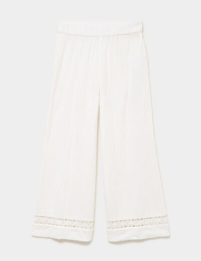 Pantalon large &eacute;lastiqu&eacute;e gaze coton blanc femme