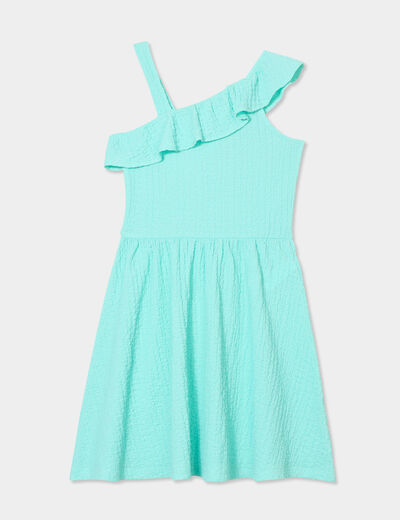Robe courte col asymétrique à volants bleu turquoise fille