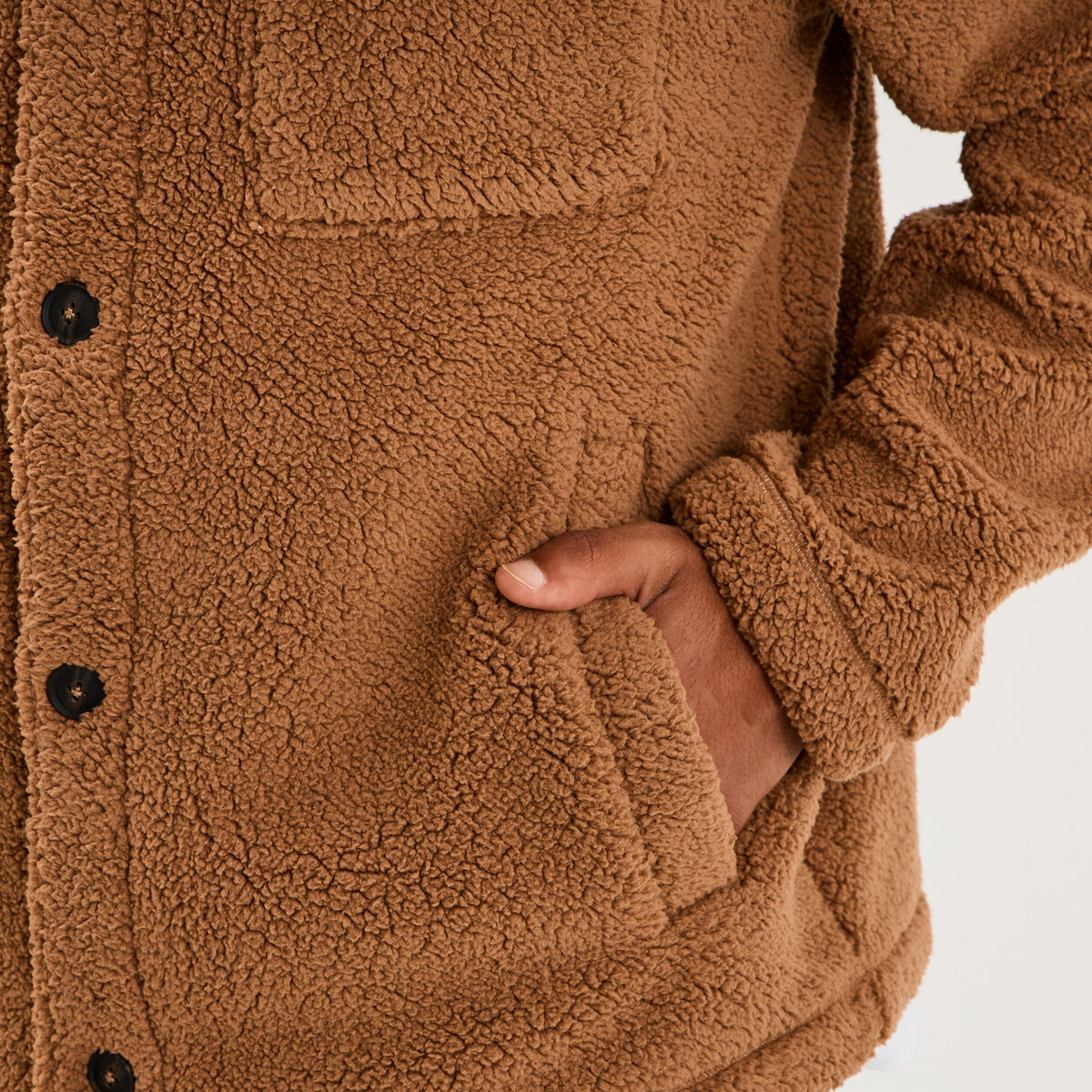 Veste sherpa polaire boutonn&eacute;e marron homme