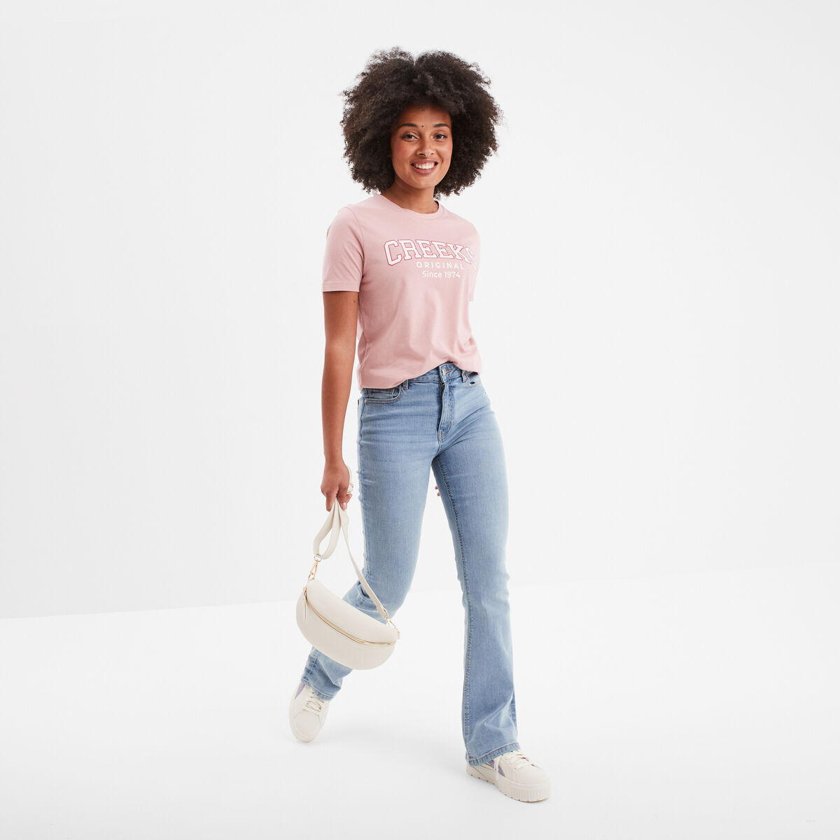 T-shirt oversize col rond coton Creeks rose clair femme