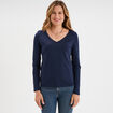 T-shirt col en V manches longues coton bleu marine femme