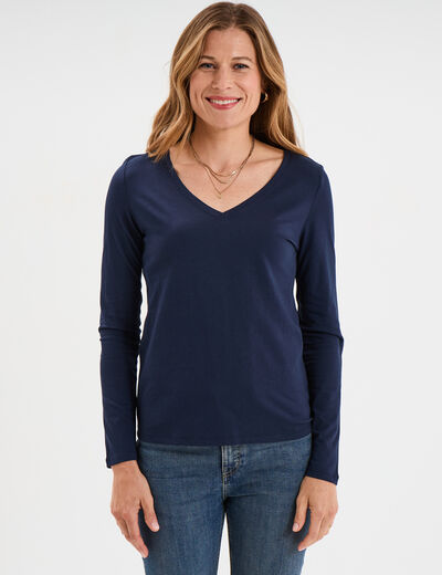T-shirt col en V manches longues coton bleu marine femme