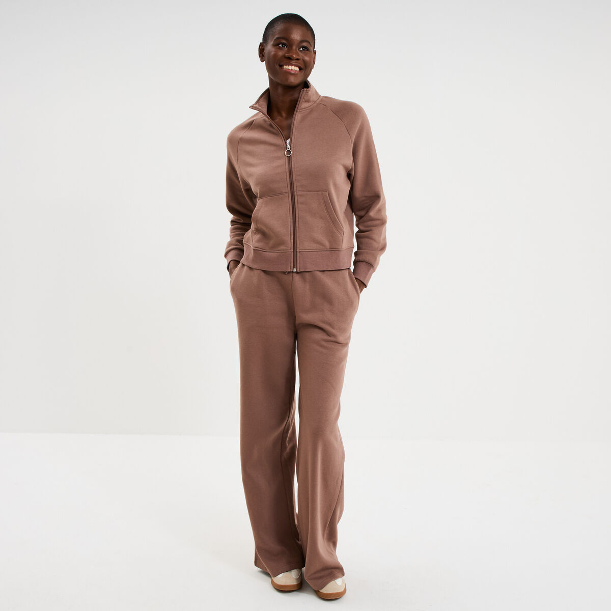 Sweat zipp&eacute; molleton col montant marron cognac femme
