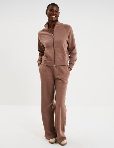 Sweat zipp&eacute; molleton col montant marron cognac femme