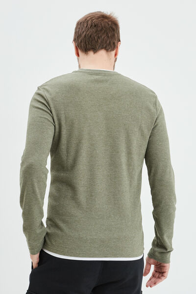 T-shirt col rond manches longues vert kaki homme
