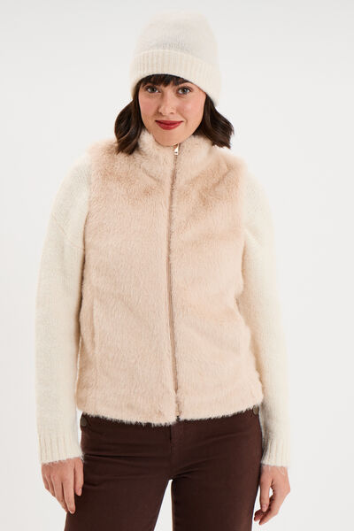 Gilet fausse fourrure col montant zipp&eacute; beige femme