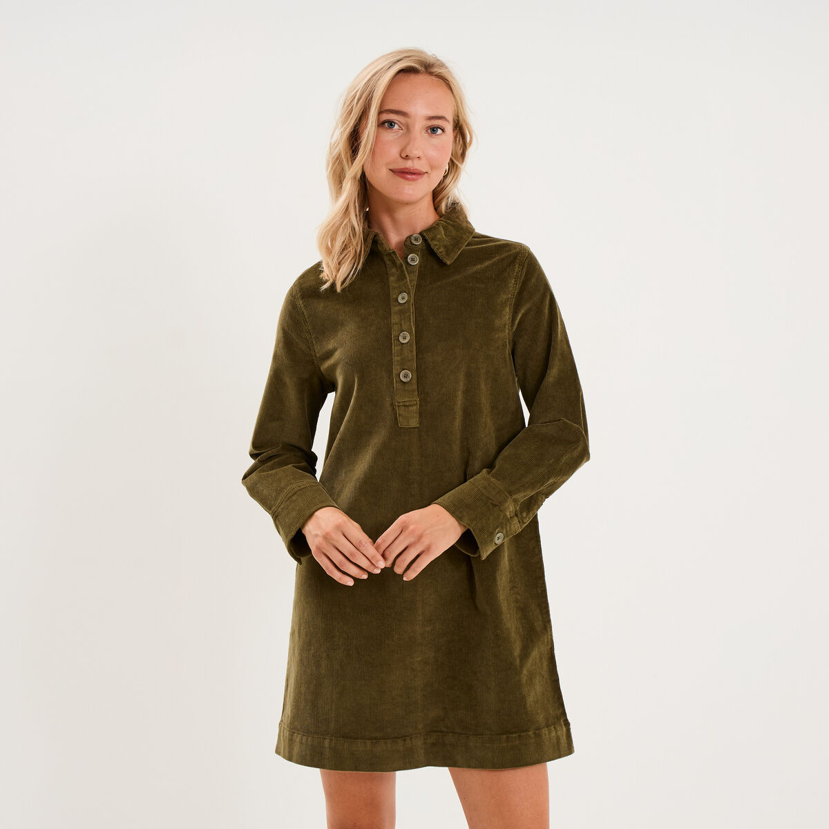 Robe droite velours col chemise vert kaki femme