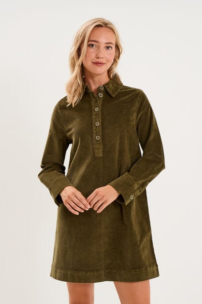 Robe droite velours col chemise vert kaki femme