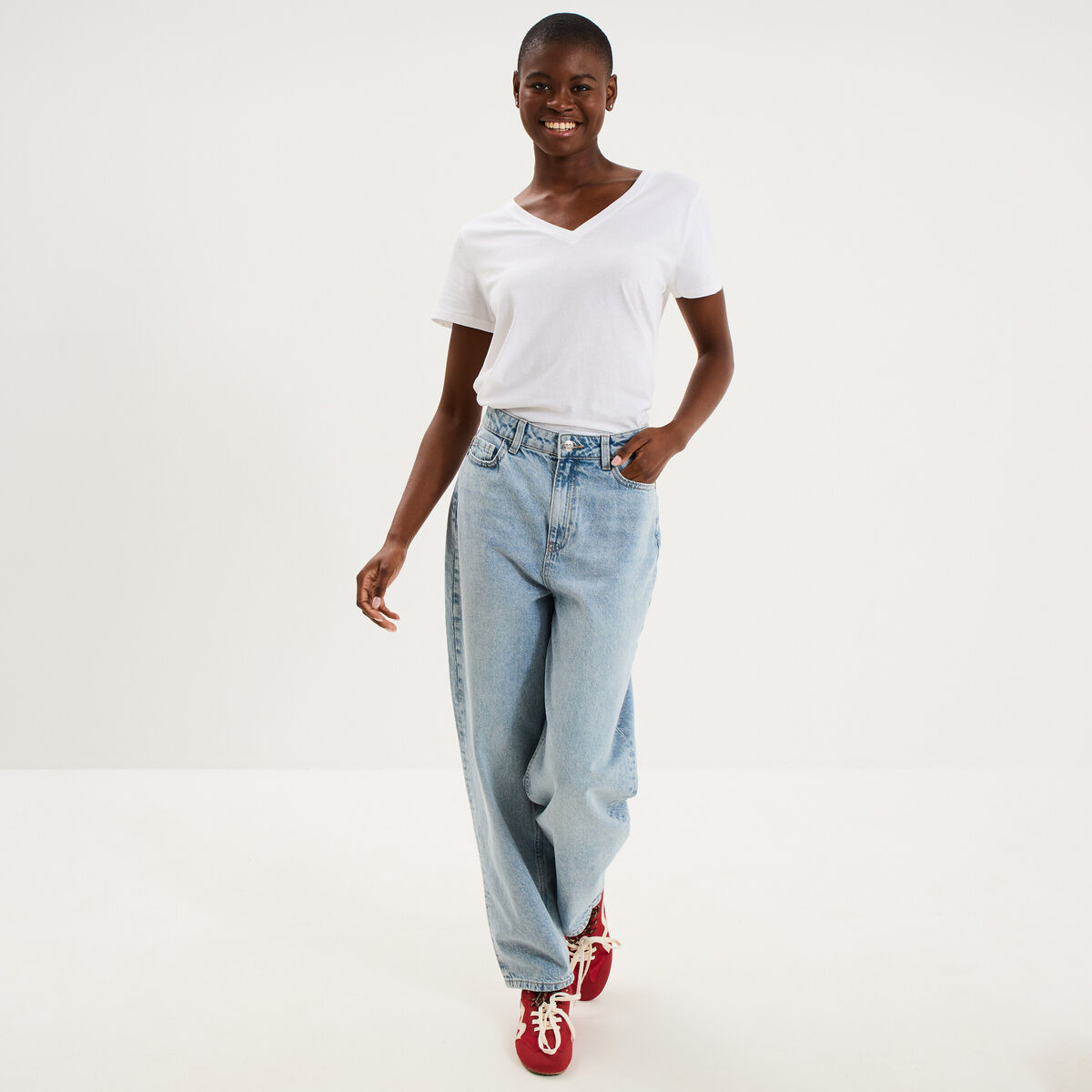 Jean balloon taille haute cropped coton denim triple stone femme
