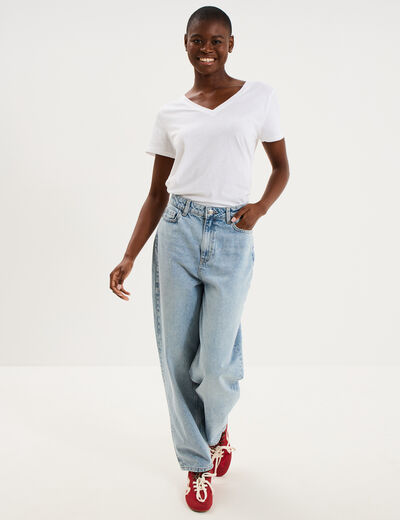Jean balloon taille haute cropped coton denim triple stone femme