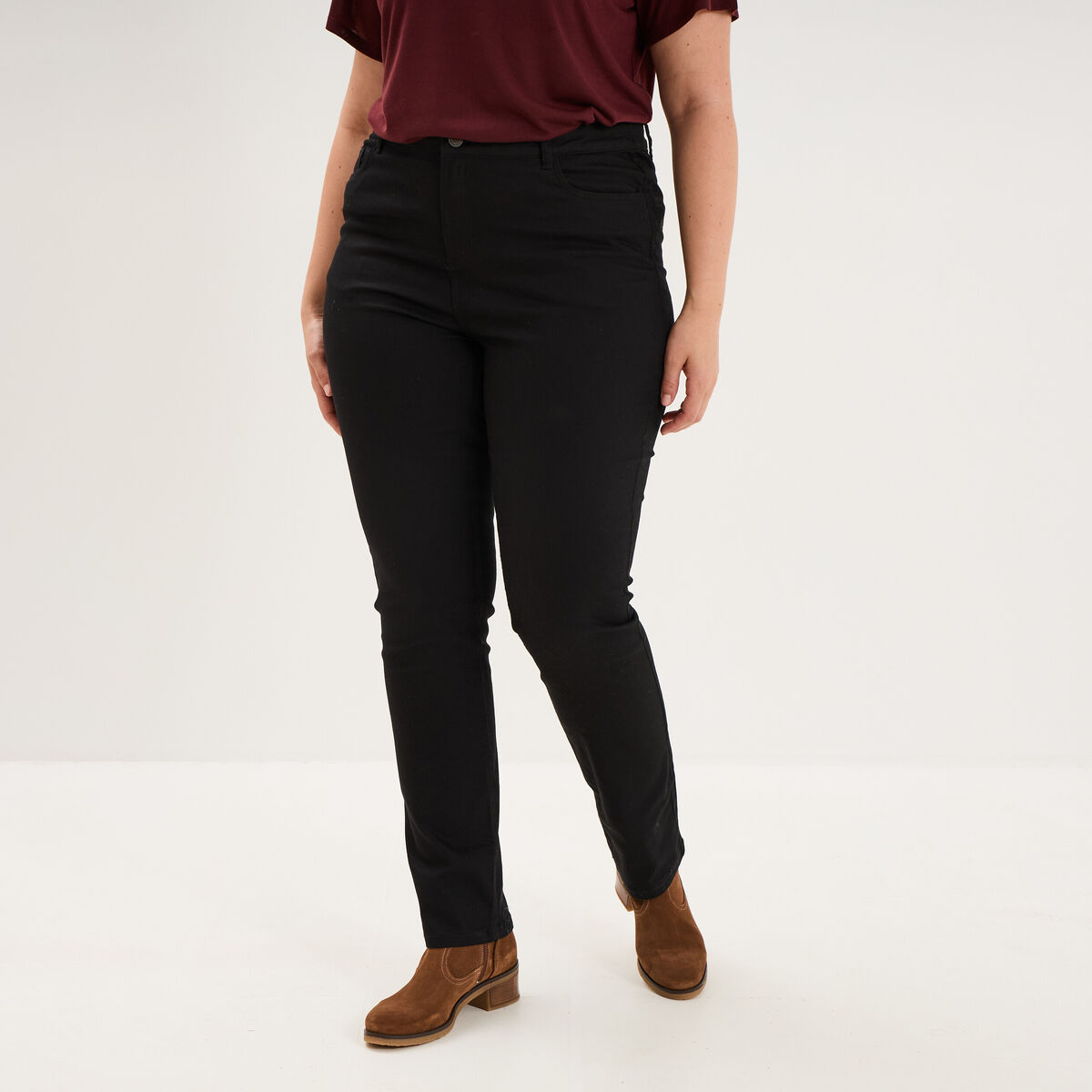 Pantalon droit taille haute extensible noir femme grande taille