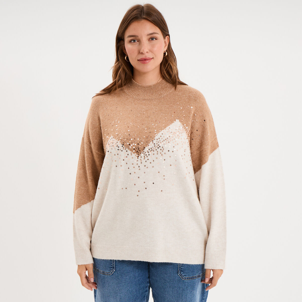 Pull col montant &agrave; sequins oversize beige femme grande taille
