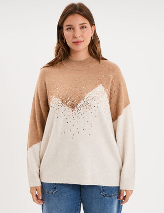 Pull col montant &agrave; sequins oversize beige femme grande taille