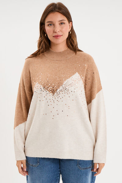 Pull col montant &agrave; sequins oversize beige femme grande taille