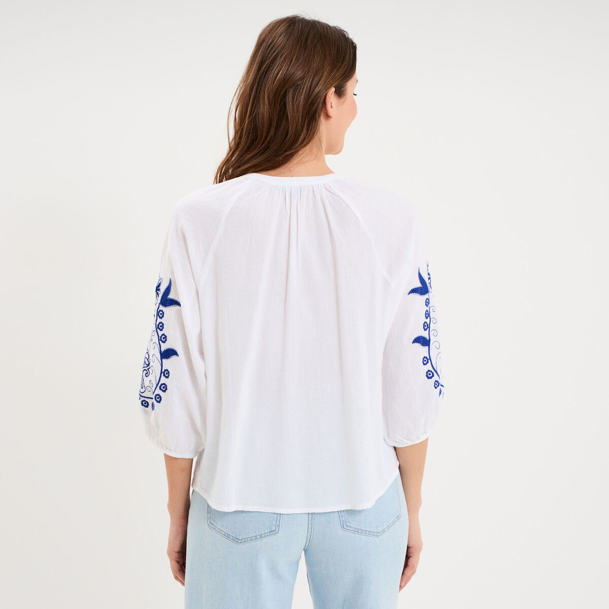 Blouse oversize manches brod&eacute;es coton blanc femme
