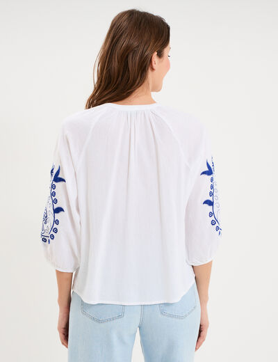 Blouse oversize manches brod&eacute;es coton blanc femme