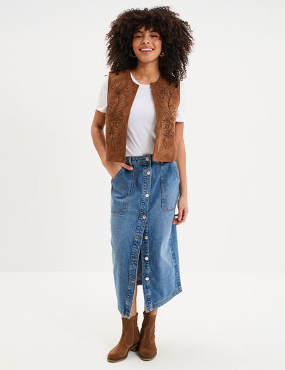 Veste sans manches brod&eacute;e en su&eacute;dine marron femme