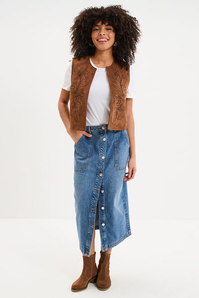 Veste sans manches brod&eacute;e en su&eacute;dine marron femme