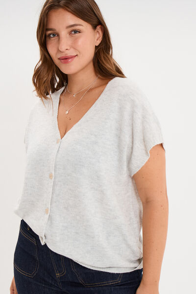Gilet manches courtes boutonn&eacute; col V gris clair femme grande taille