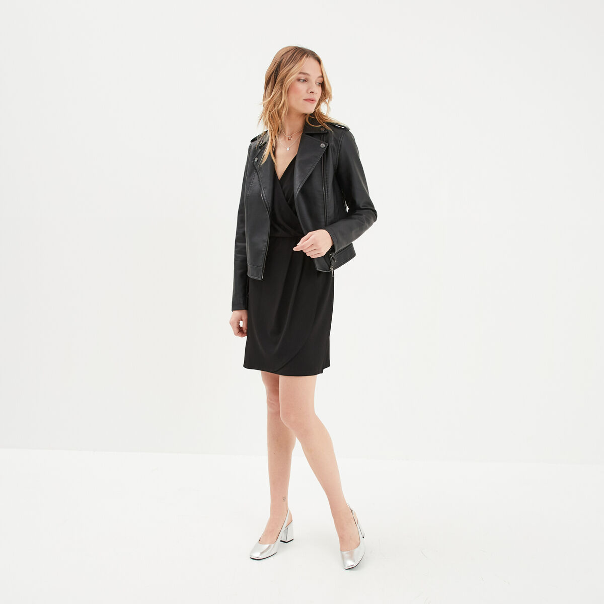 Robe portefeuille plis taille noir femme