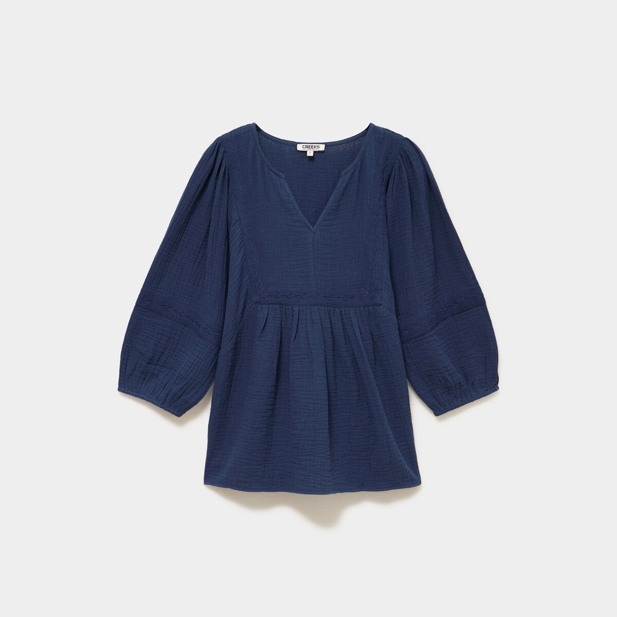 Blouse brod&eacute;e manches 3/4 gaze de coton bleu marine femme