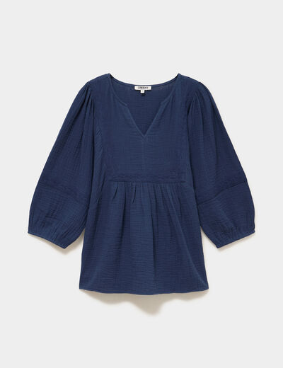 Blouse brod&eacute;e manches 3/4 gaze de coton bleu marine femme