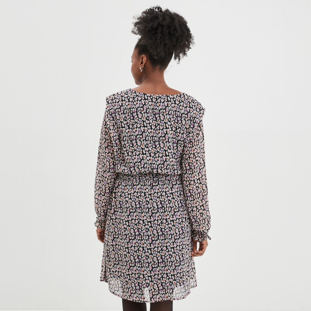 Robe évasée taille élastiquée col en V noir femme