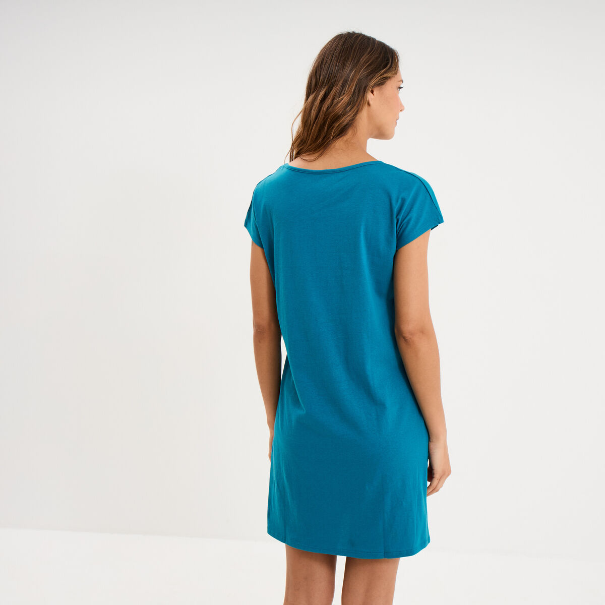 Chemise de nuit courte col rond bleu canard femme