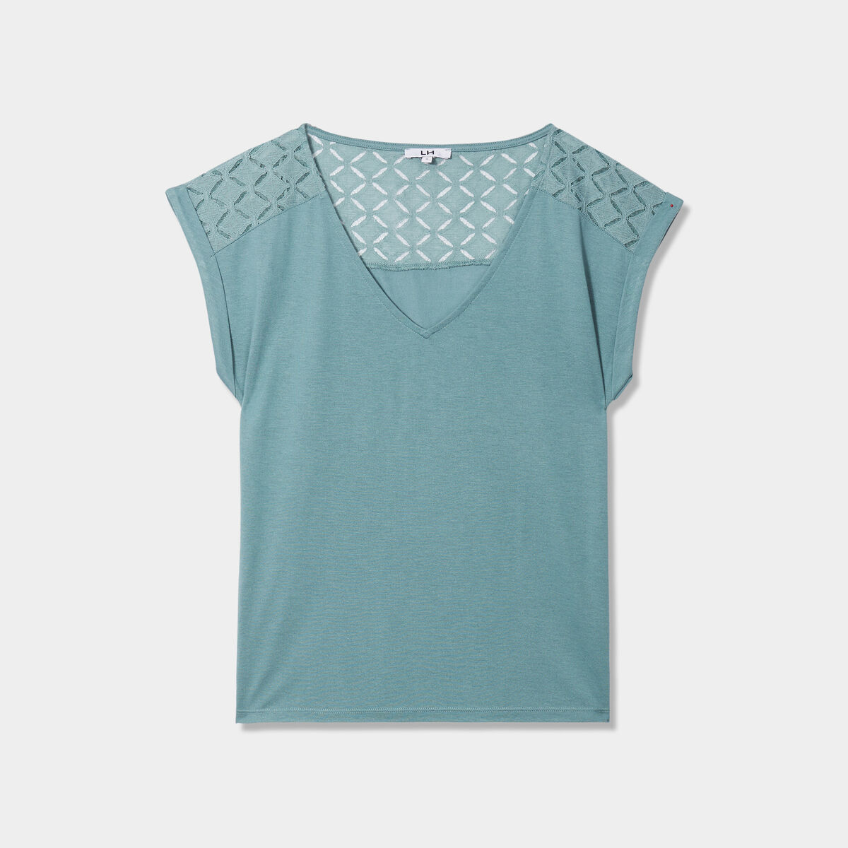 T-shirt col en V dentelle épaules et dos bleu gris femme