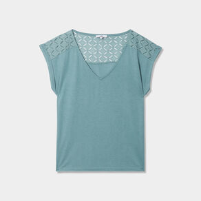 T-shirt col en V dentelle épaules et dos bleu gris femme