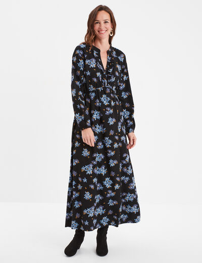 Robe longue col tunisien manches longues noir femme