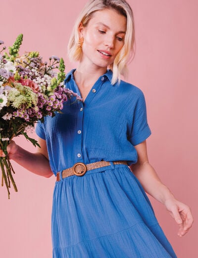 Chemise nouée manches courtes gaze coton bleu foncé femme