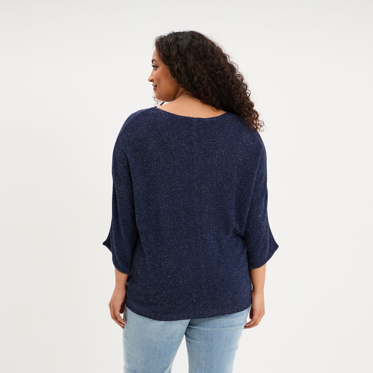 Pull manches 3/4 col en V bleu fonc&eacute; femme grande taille