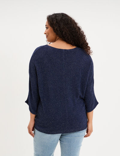 Pull manches 3/4 col en V bleu fonc&eacute; femme grande taille