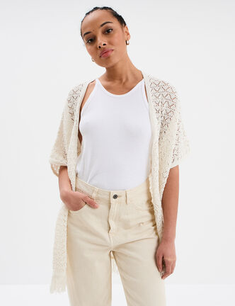 Gilet mi-long ajouré à franges blanc femme