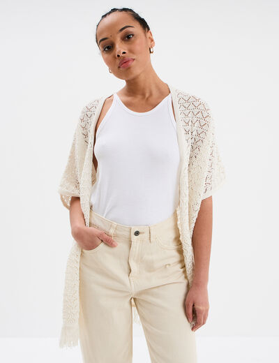 Gilet mi-long ajouré à franges blanc femme