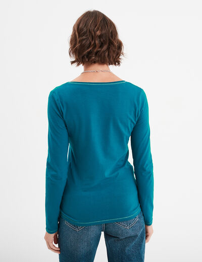 T-shirt manches longues col en V coton bleu canard femme