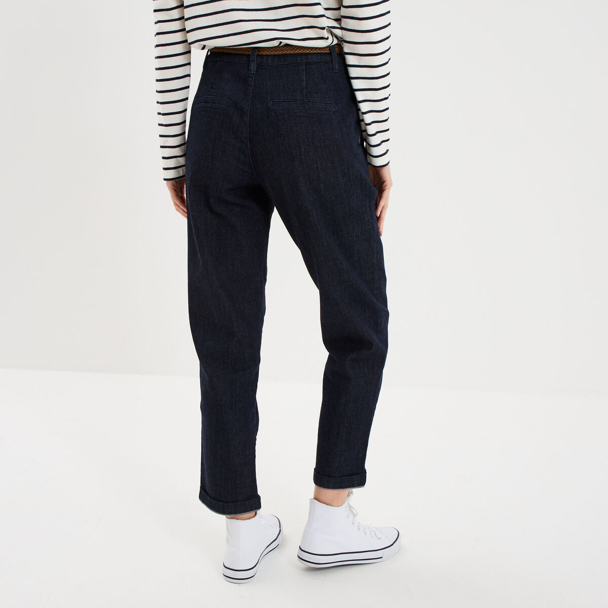 Jean chino droit avec ceinture denim brut femme