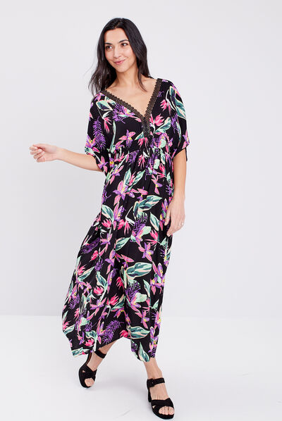 Robe longue évasée noir femme