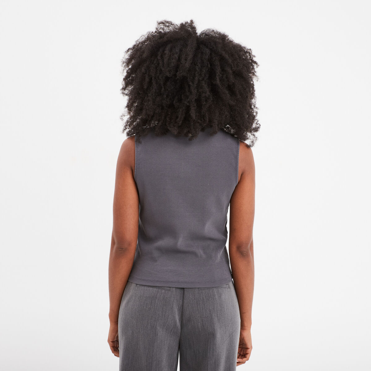 T-shirt côtelé col montant sans manches bleu gris femme