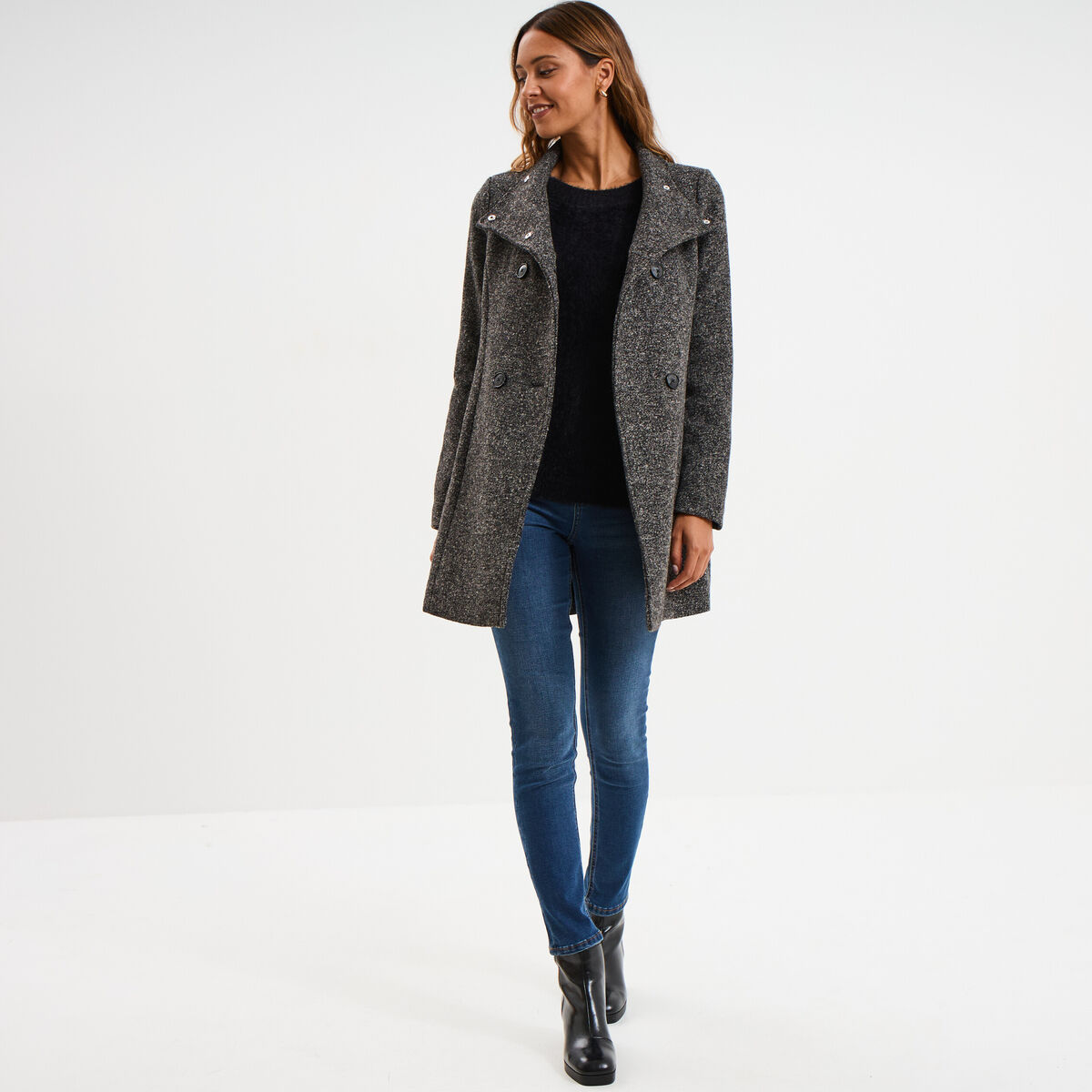 Manteau droit mi-long col montant doubl&eacute; gris fonc&eacute; femme