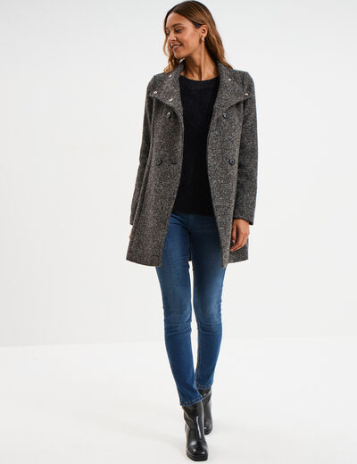 Manteau droit mi-long col montant doubl&eacute; gris fonc&eacute; femme