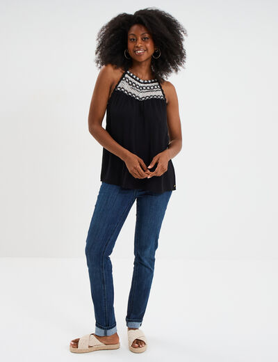 Blouse col effet macramé noir femme