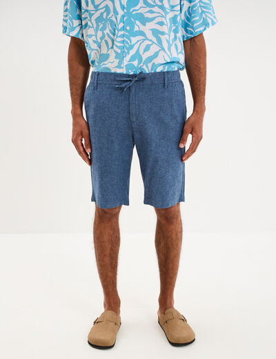 Bermuda chino &agrave; coulisse lin m&eacute;lang&eacute; bleu homme