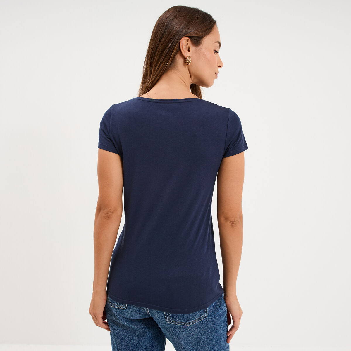 T-shirt coton col rond manches courtes bleu marine femme