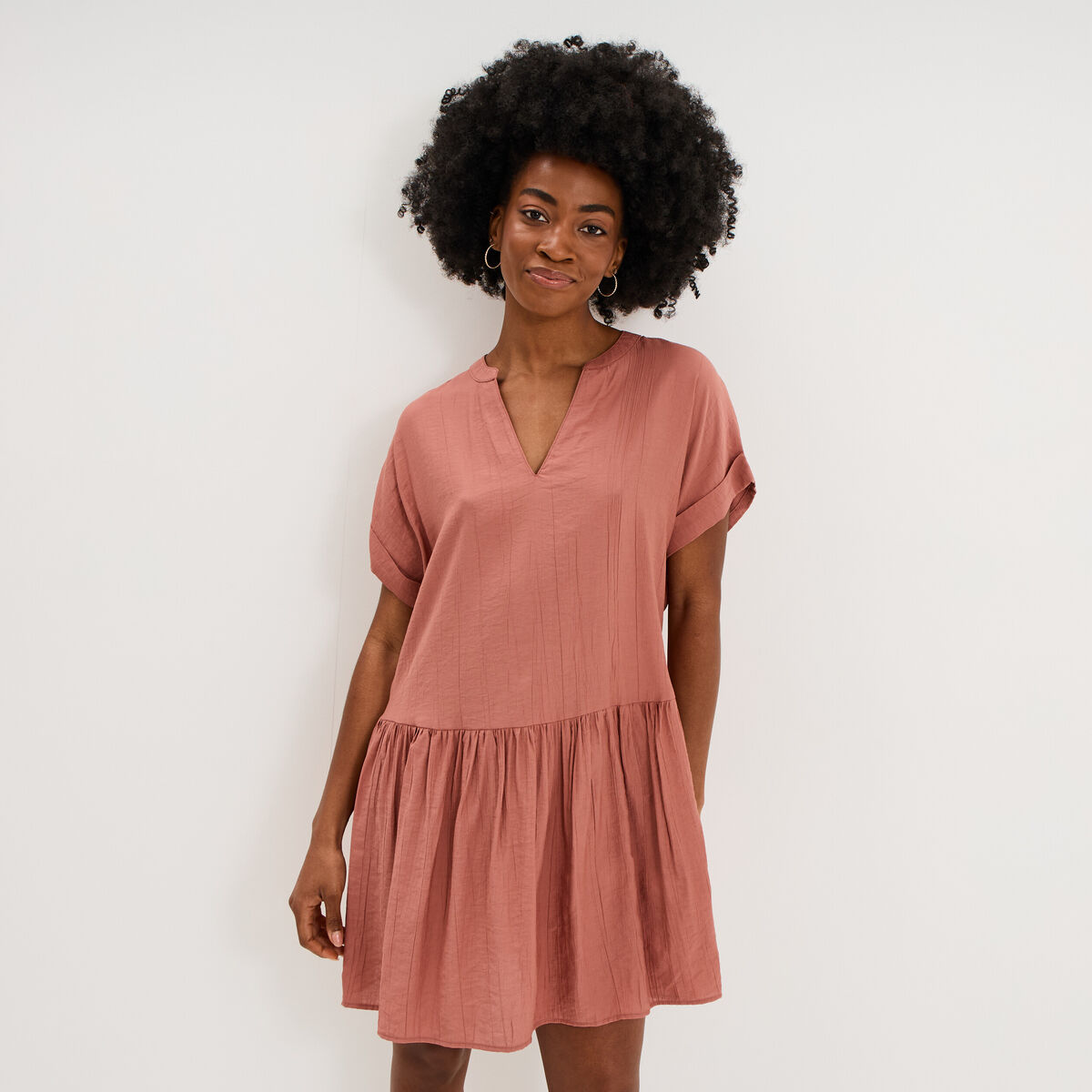 Robe courte fluide bas volants terracotta femme