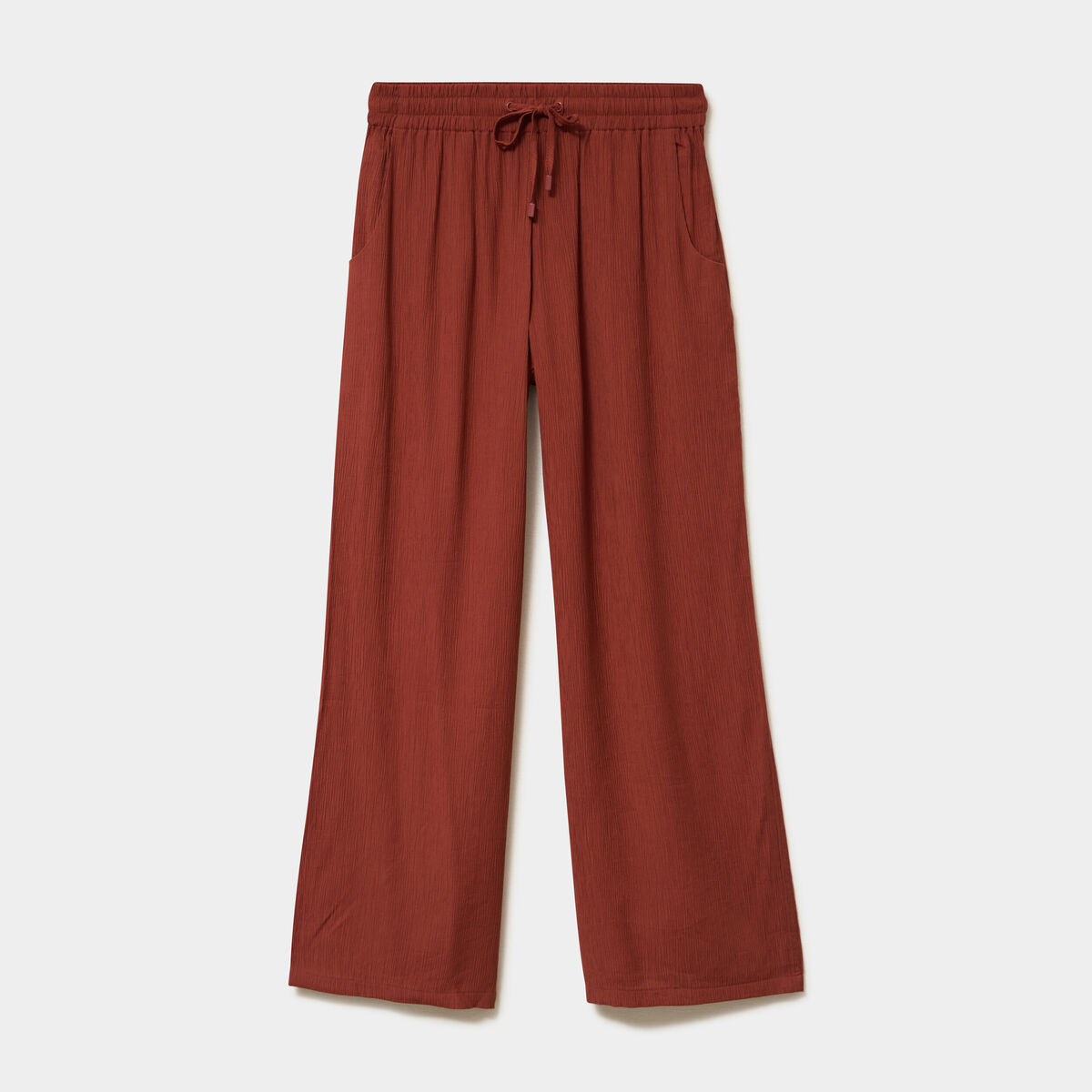 Pantalon effet cr&ecirc;pe taille &eacute;lastiqu&eacute;e marron femme