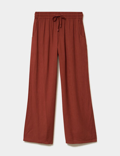 Pantalon effet cr&ecirc;pe taille &eacute;lastiqu&eacute;e marron femme